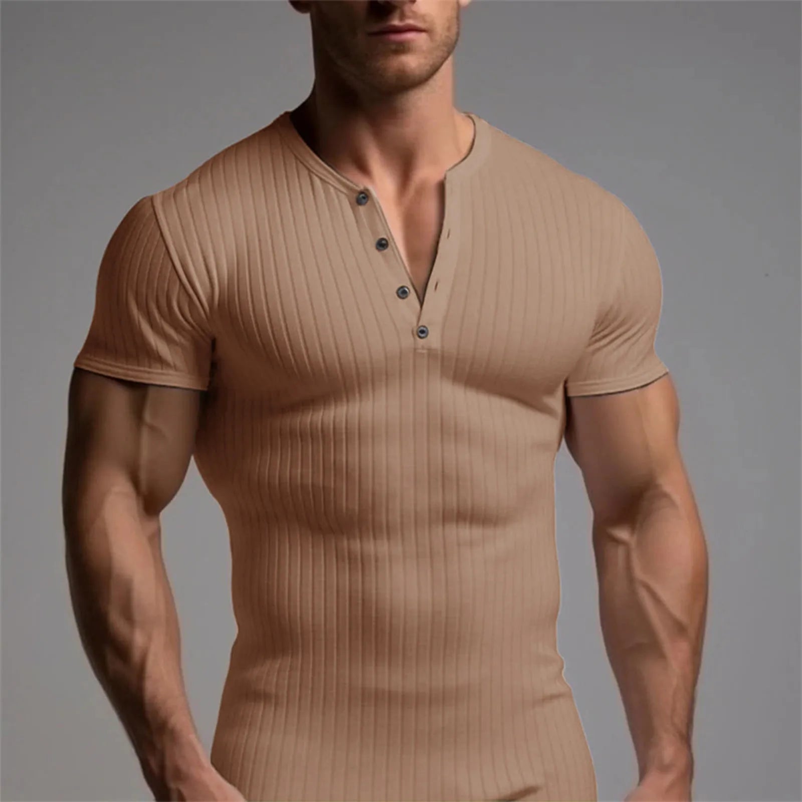 HEARUJOY  -  Men's Threaded T-shirt Summer Running Sports Fitness Clothes Muscle Slim Fit Short Sleeve T-shirt V-neck Collar Casual Tops
