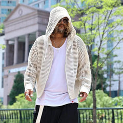 Hearujoy Knit Mesh Coat for Men Hole Hooded Cardigan Long Sleeve Tee Male Hollow Out Casual Autumn Japanese Streetwear Hip Hop