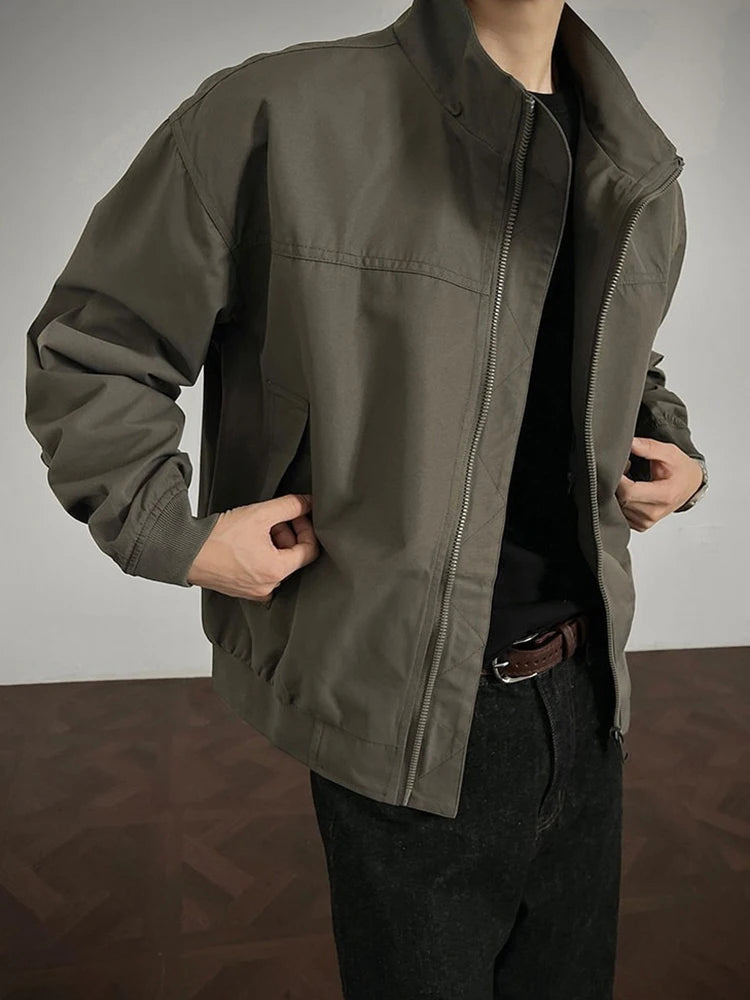HEARUJOY  -  Trendy Slim Long Sleeve Men's Jacket Coat Streetwear Vintage Zip-up Stand Collar Jackets Spring Autumn Casual Mens Outerwear