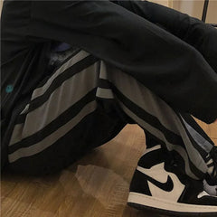 Hearujoy Fashion Preppy Style Loose Student Striped Sports Casual Straight Pants Men Elastic Waist Drawstring Pocket Wide Leg Trousers