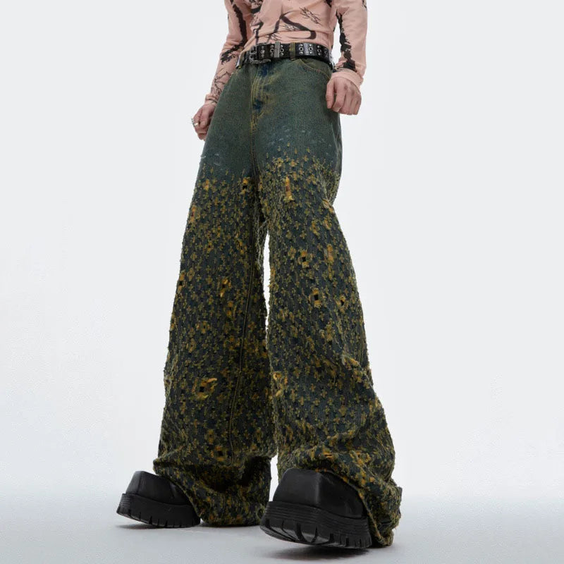 Hearujoy American High Street Irregular Hole Jeans Straight Casual Pants Vintage Wide Leg Male Trousers Fashion 24E1290