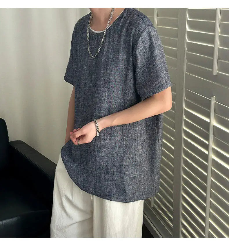 HEARUJOY  -  Korean Style Men's T-shirts Round Collar Short Sleeved Solid Color Mensweae New Summer Pullover Loose Male Tees