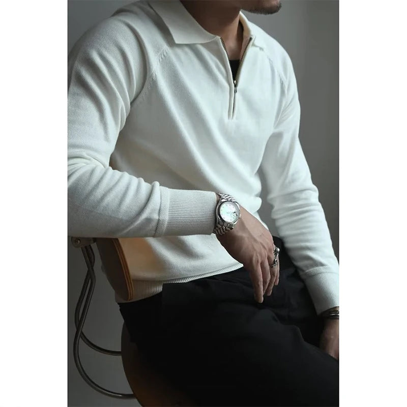 Hearujoy Autumn Clothing Men's Clothing Luxury Knitted Polo Shirt Casual Fashion Zippers Solid Color Long Sleeve Pullovers Leisure Shirts