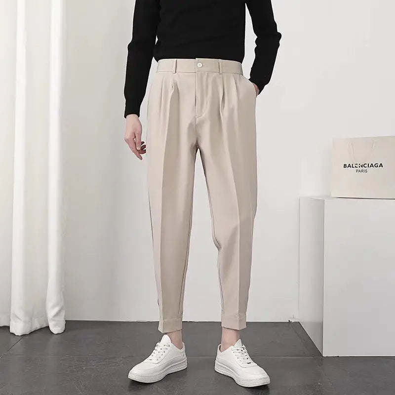 HEARUJOY  -  Summer Fashion Leggings Trendy Versatile Suit Pants Men's Solid Patchwork Zippere Button Pockets 9-inch Straight Casual Trousers