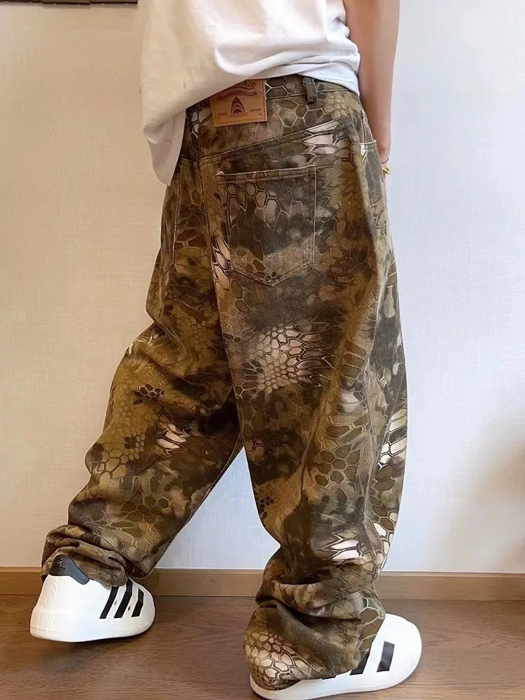 Hearujoy  Snake Animal Print Camouflage Pants for Men Wide Leg Jeans Demin Trousers Male Streetwear  Hip Hop Vintage Casual