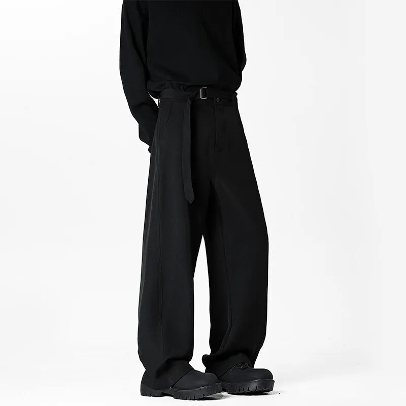 HEARUJOY  -  Grey Belt Suit Pants Men Fashion Society Mens Black Dress Pants Korean Loose Wide Leg Pants Mens Office Formal Trousers M-3XL