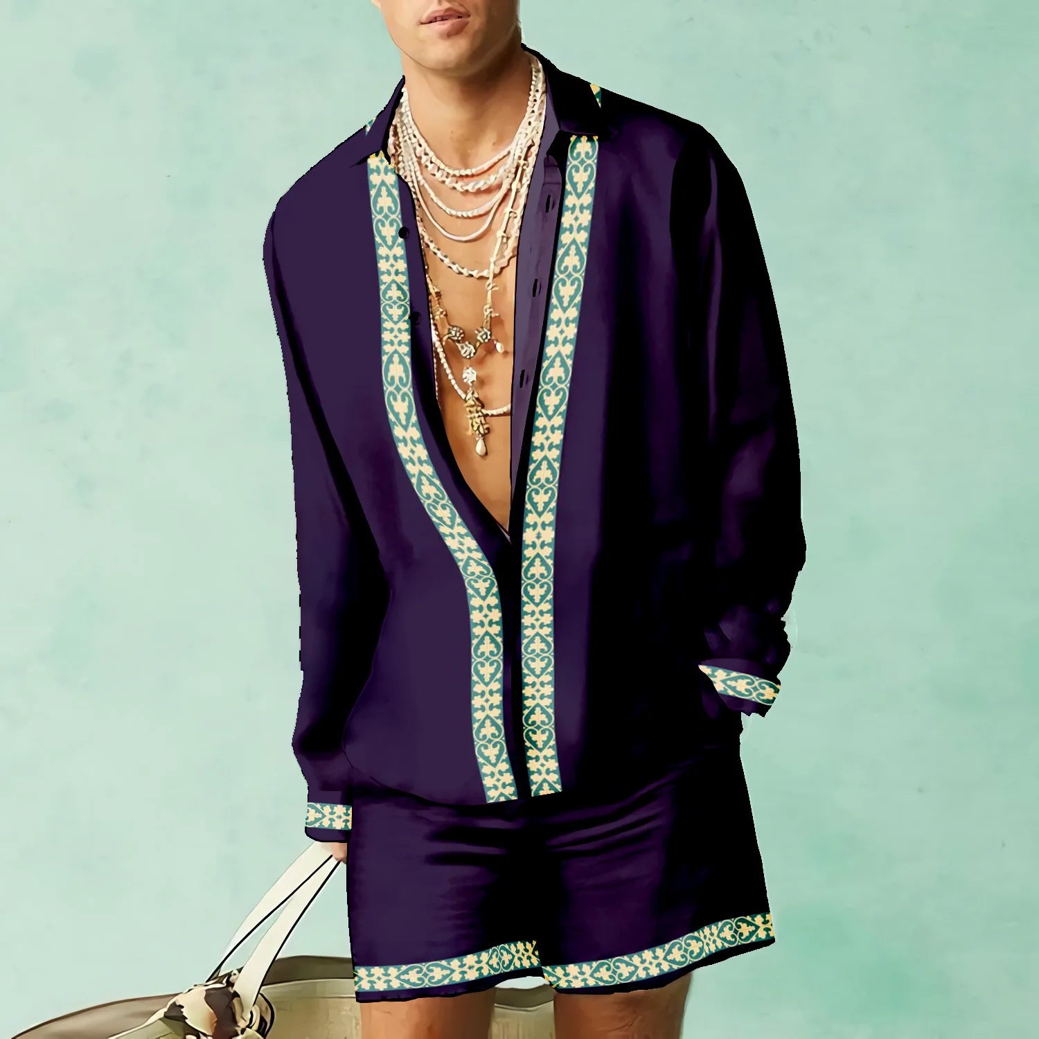 HEARUJOY  -  3D Leopardl Print Men Beach Suits Long Sleeve Lapel Shirts And Shorts Two Piece Set Fashion Hawaiian Casual Loose Outfits