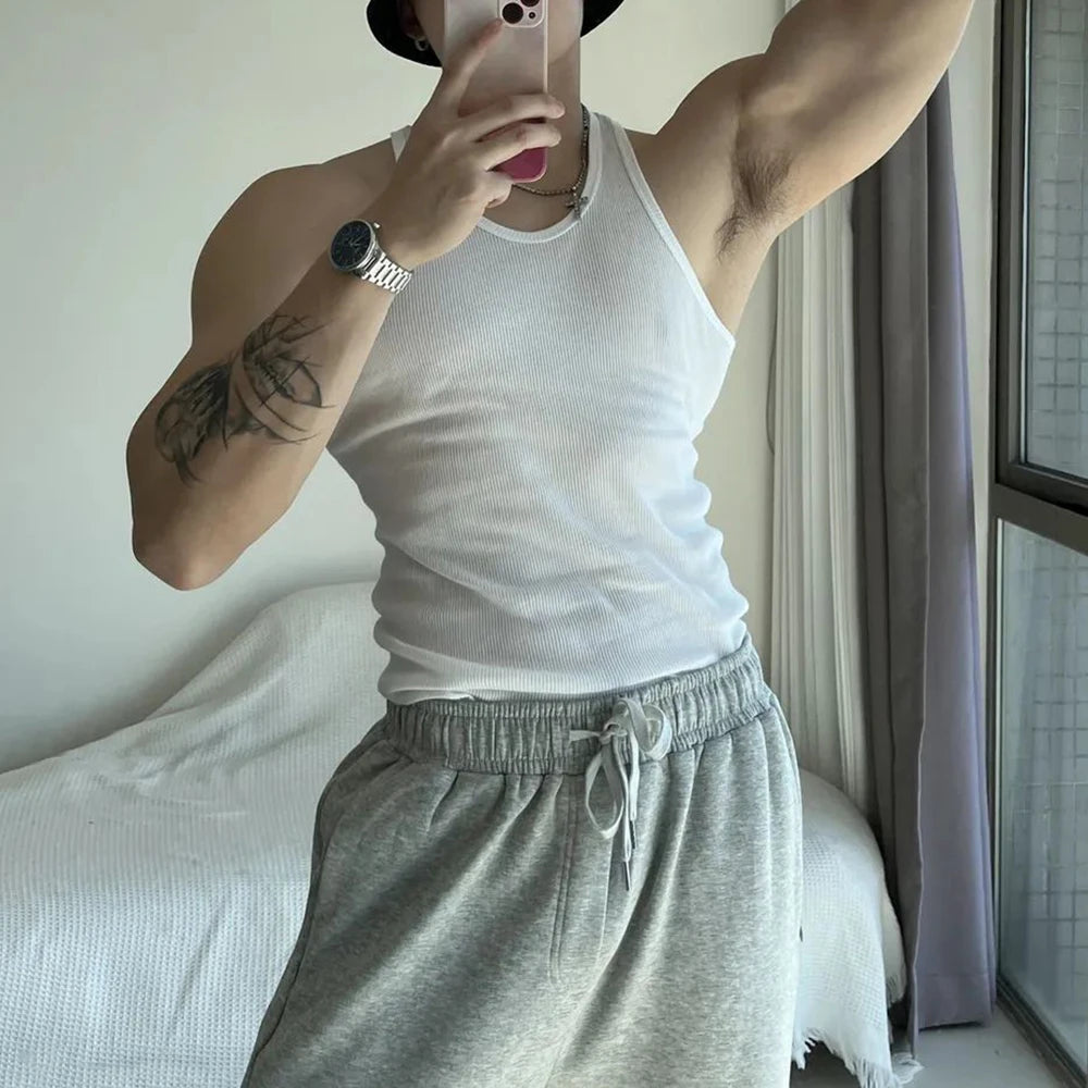 HEARUJOY  -  Mens Sexy Shaping Sports Fitness Casual Cotton Vest Genderless American Street Elastic Slim Solid Color Tank Top Unisex