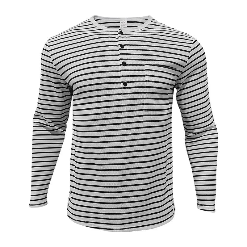 HEARUJOY  -  Men's Spring and Autumn Long Sleeve V-neck Button-down T-shirt Slim-fit Henley Shirt Horizontal Striped Top