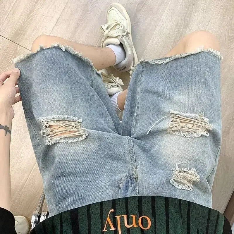 HEARUJOY  -  Loose Wide Ripped Bermuda Big Size with Pockets Half Long Baggy Oversize Short Jeans Pants for Men Man Denim Shorts Popular Emo