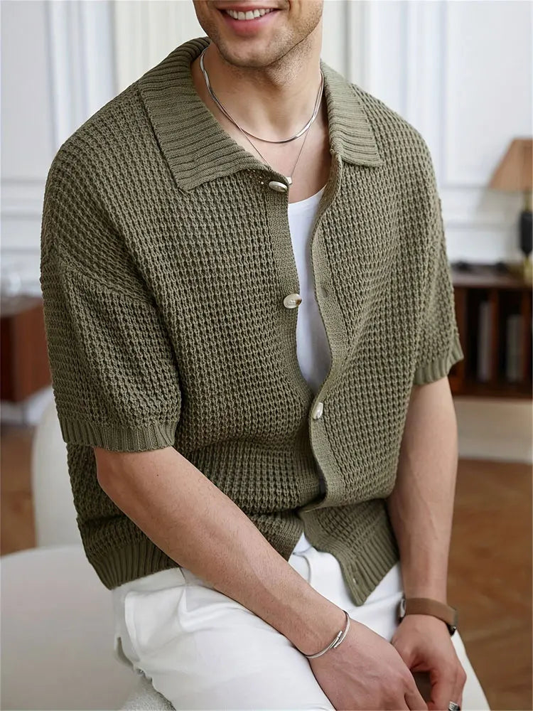HEARUJOY  -  Men's Short Sleeve Polo Collar Knitted Shirt Cardigan Summer Fashion Retro Light Soft Breathable Casual Lapel Knitwear Shirt Top