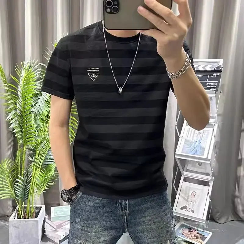 HEARUJOY  -  Man Tee Shirts O Neck Striped Apricot Cotton Linen T Shirt for Men Short Quarter Sleeve Summer Basic Cheap Clothes Ordinary Top