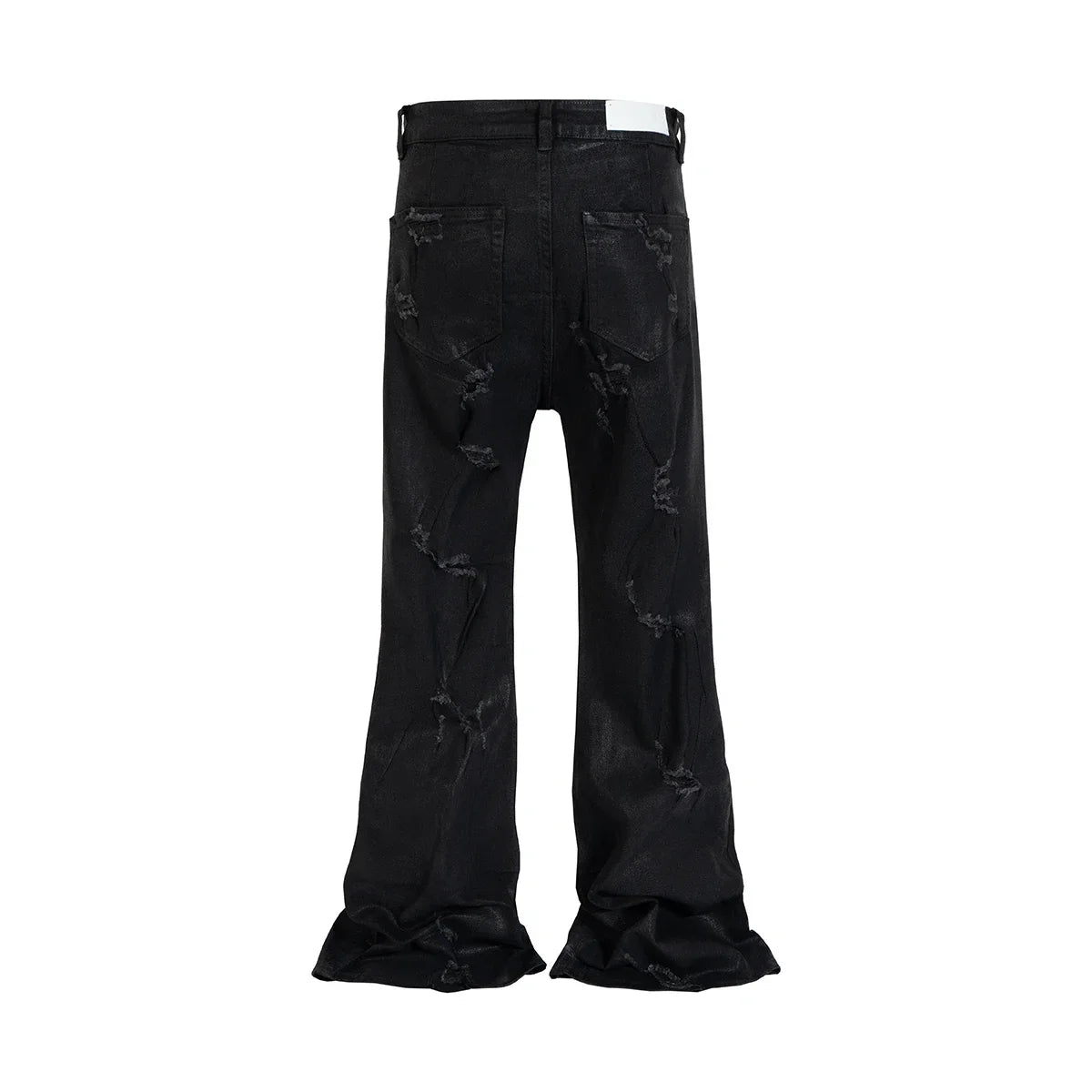 Hearujoy High Street Ripped Damaged Coatted Wax Baggy Flare Pants for Men Straight Hole Frayed Leather Trousers Distressed Loose Cargos