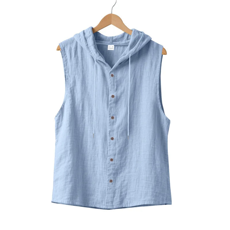 HEARUJOY  -  Summer Men's Casual Sleeveless Hooded Shirt, Linen Hooded Solid Color, Breathable and Loose Top