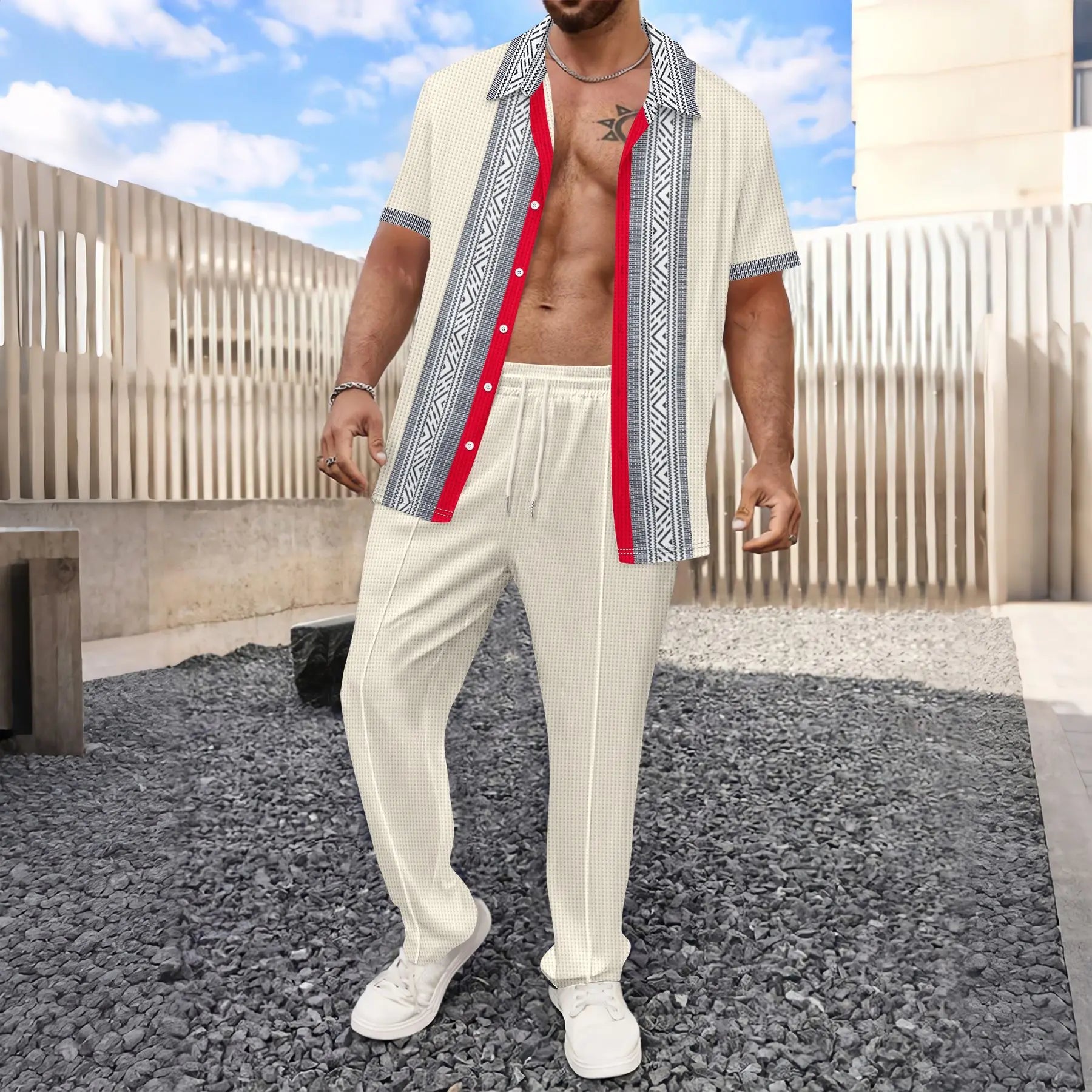 HEARUJOY  -  Summer Men Waffle Outfits Color Blocked Lapel Short Sleeve Shirts And drawstring Pants Two Piece Set Fashion Casual Suits
