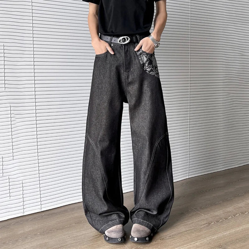 HEARUJOY  -  New Summer Men's Denim Pants Jacquard Patchwork Contrast Color 2025 Trousers Straight Leg Loose Male Boot-cut Jeans