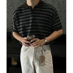 HEARUJOY  -  Summer Short Sleeved T-shirt Men Slim Fit Casual Striped T Shirt Men Streetwear Korean Knitted Lapel T Shirt Mens Polo Shirt