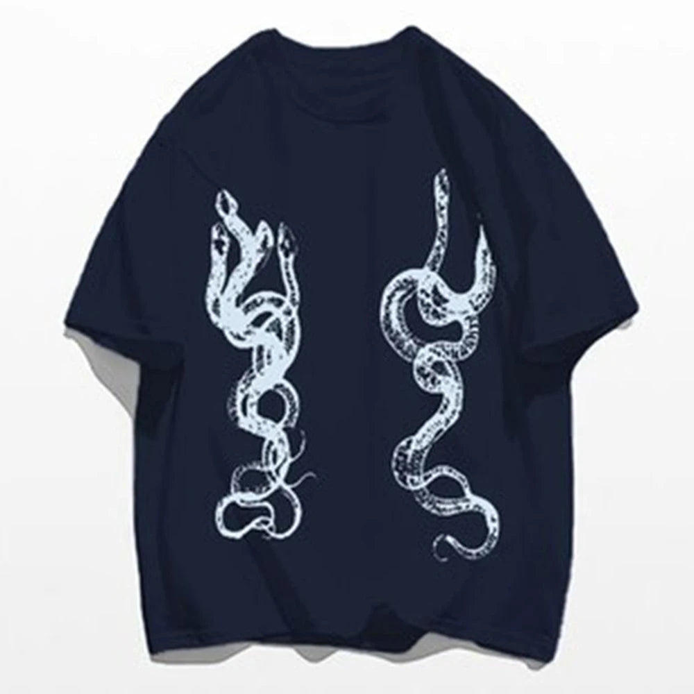Hearujoy Men's Casual T-Shirt Fashionable Trendy Hip-Hop High Street Y2k Retro Snake Pattern Loose Cotton Top Spring And Summer