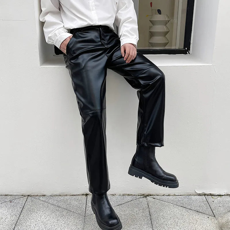 Hearujoy Light Luxury Casual Men's Straight PU Leather Pants Straight Long Pants Niche Chic Black Trousers Korean 9A1156