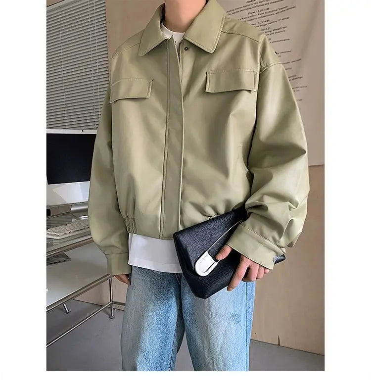 HEARUJOY  -  Men's Casual Texture PU Leather Jacket High Street Zippers Turn-down Collar Long Sleeve Retro Coat with Pocket Spring Autumn
