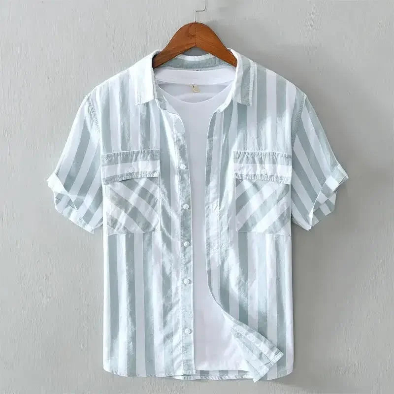 HEARUJOY  -  Man Shirt Short Sleeve Green Striped with Pocket Fashion 2025 Korean Style Slim Fit Sleeves Original Silk Collar Shirts for Men