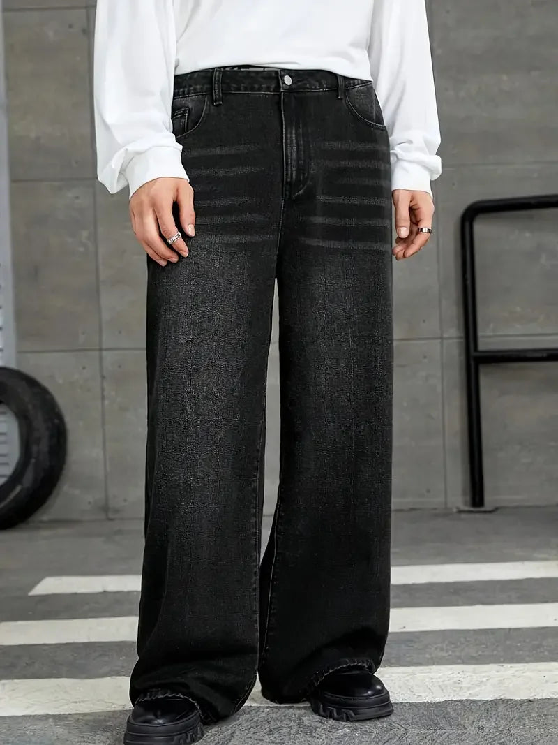 HEARUJOY  -  Men'S Loose Fit Black Denim Wide Leg Jeans with Raw Wash Detail - Comfortable, Versatile All-Season Wear, Casual Denim Jeans| fl