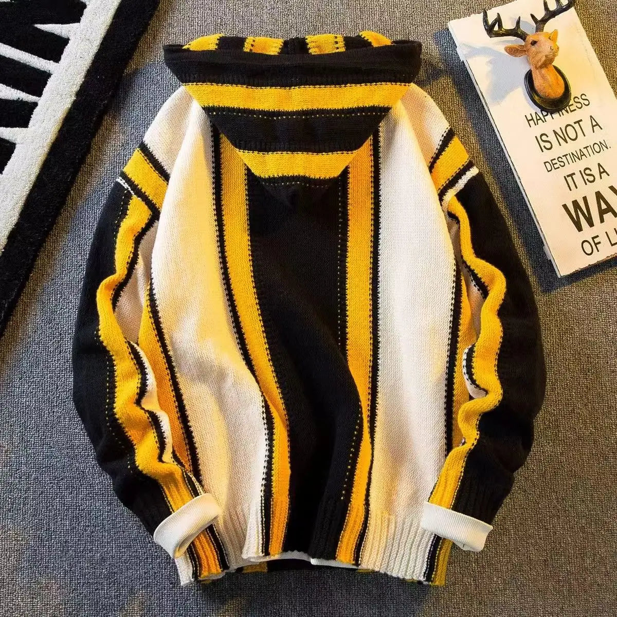 HEARUJOY  -  American Vintage Patchwork Striped Knitting Hoodie Men Autumn Winter Fashion Loose Hooded Sweatshirt High Street Sweater Warm