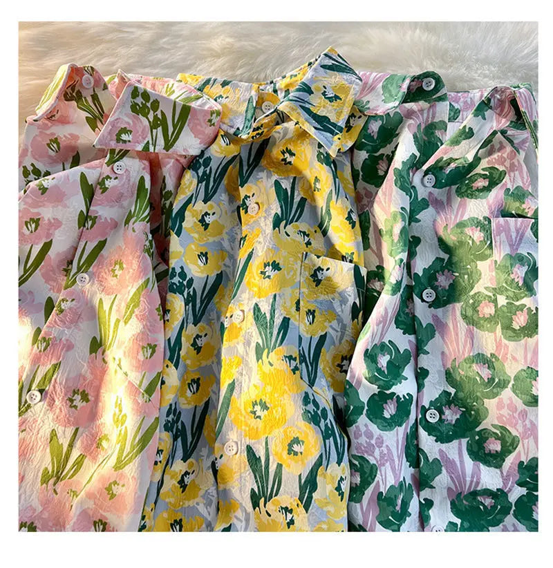 Hearujoy Vintage Fashion Flower Print Button Up Shirt Women Shirts Blouses Summer Casual Short Sleeve Streetwear Woman Shirts Harajuku