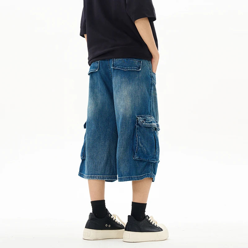 HEARUJOY  -  Summer Thin Washed Loose Multi-pocket Denim Cropped Pants For Men High Street Straight Distressed Street Wide-leg Jeans Shorts