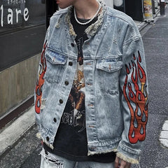 Hearujoy High Street Cleanfit Ripped Flame Embroidery Hole Washed Blue Denim Jackets Men and Women Vintage Frayed Baggy Jeans Coat