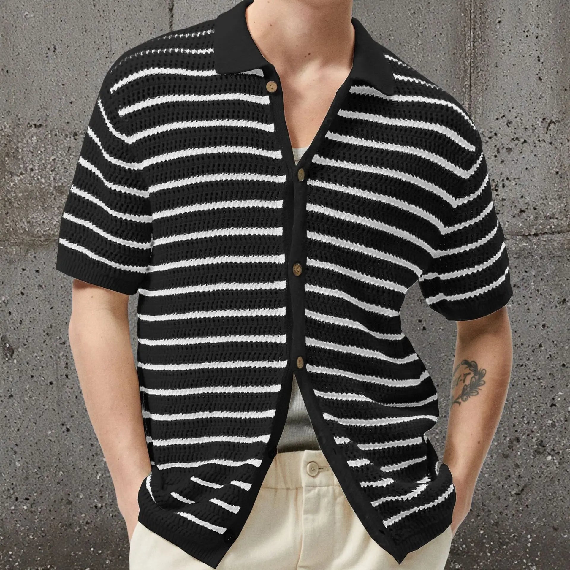 HEARUJOY  -  Men Luxury Hollow Knitwear Polo Shirt Short Sleeve Casual Streetwear Button Down Breathable Striped Contrast Knit Cardigan Tops