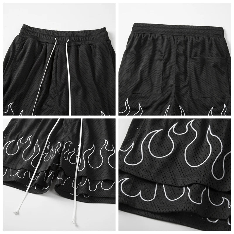 Hearujoy European and American Street Trendy Flame Embroidery Oversize Shorts Mesh Double Layer Breathable Joggers Shorts Beach Pants