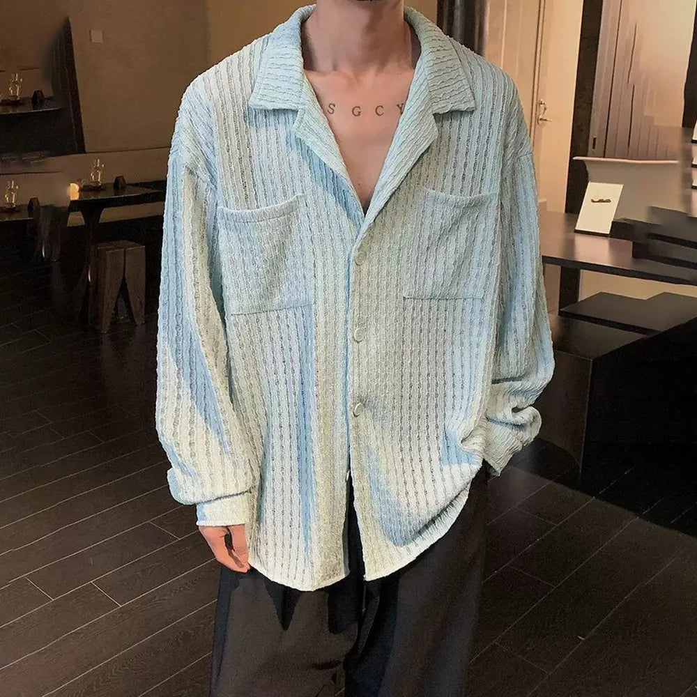HEARUJOY  -  Mens Shirts Hollow Knitted Casual Shirts Spring Streetwear Fashion Thin Sexy Ballroom Long-Sleeved Tops Men'S Clothing 2025 New