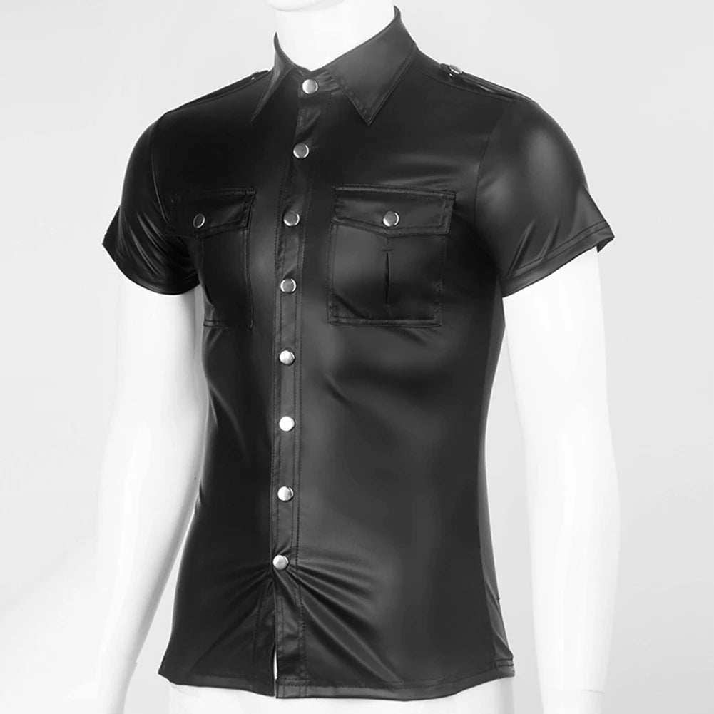 HEARUJOY  -  Men\\\'s Clothing Top Autumn Collared Faux Leather Wet Look Men Regular S-2XL Solid Color Tee Top Blouse Uniform Shirt