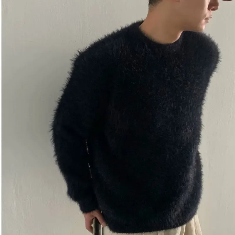Hearujoy Mohair Sweaters Men Korean Thicken Warm Knitting Autumn Winter Loose Casual Long Sleeve Pullovers Fleece Streetwear