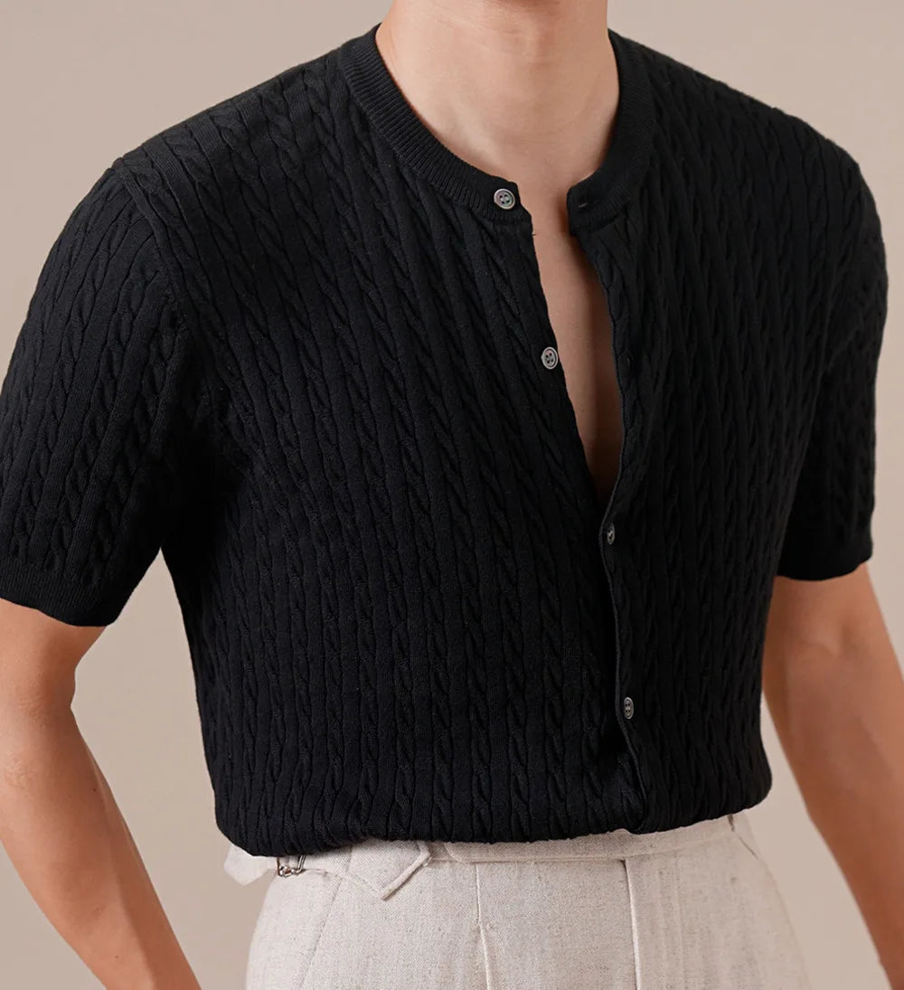 HEARUJOY  -  Summer Tencel Cotton Jacquard Knit Cardigan Men's Short Sleeve Thin Round Neck Draped Casual Business T-Shirt Breathable Polo