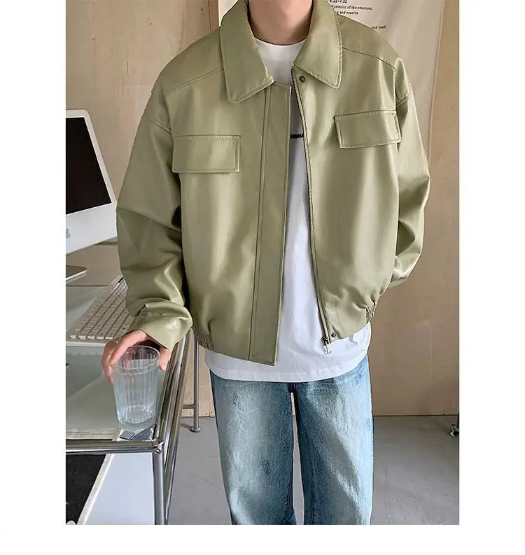 HEARUJOY  -  Men's Casual Texture PU Leather Jacket High Street Zippers Turn-down Collar Long Sleeve Retro Coat with Pocket Spring Autumn