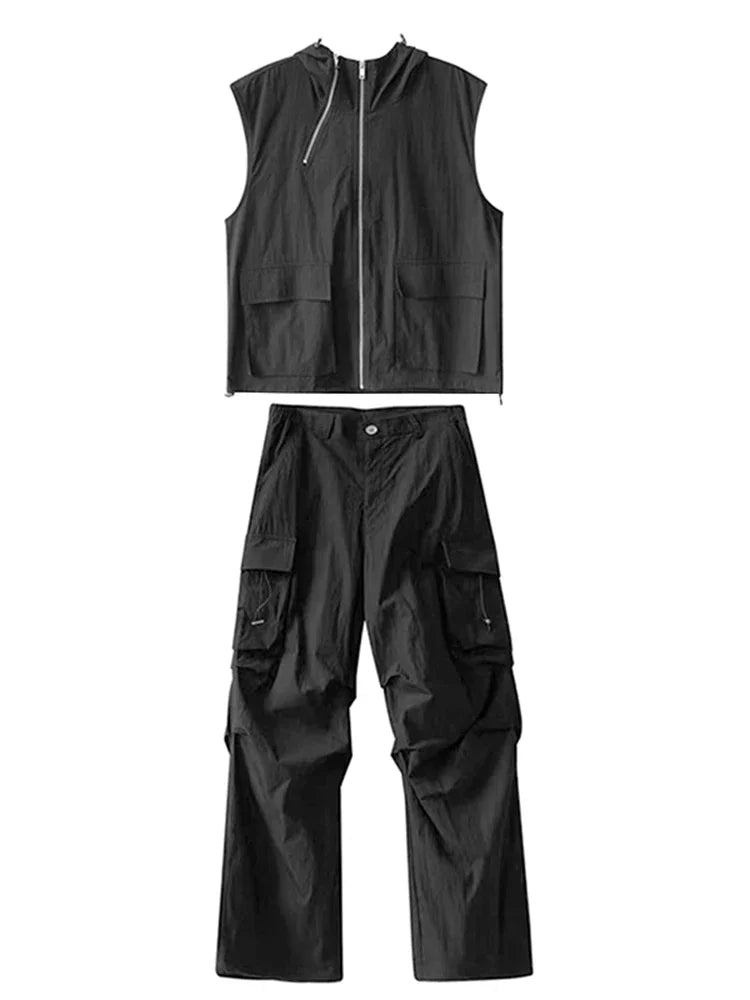 Hearujoy Cargo Pants Sets Vest Hooded Summer 2 Piece Outfit Japanese Sleeveless Suit Male Korean Streetwear Hip Hop Plus Size 5XL