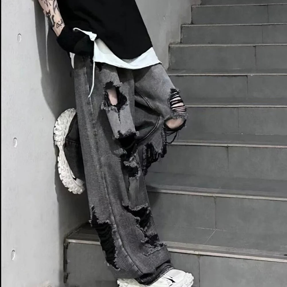 HEARUJOY  -  Men Vintage High Waist Baggy Hole Pants Fashion Hip Hop Gothic Wide Leg Jeans Casual Loose Trouser 2025