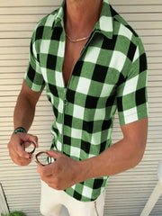 HEARUJOY  -  Fashion Plaid Printed Shirts For Men Slim Fit Short Sleeved Zipper Cardigan Top Summer Leisure Tshirt Streetwear Mens Clothing