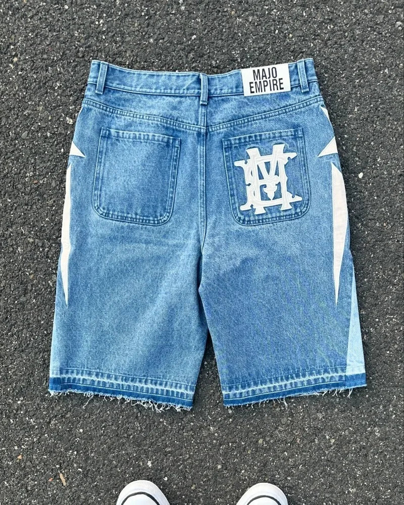 Hearujoy American fashion trend Street style wide-leg Jeans for men Y2k embroidered baggy jeans Goth punk High street casual shorts