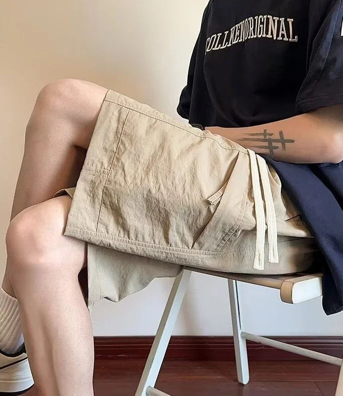 HEARUJOY  -  Wide Mens Cargo Shorts Baggy Over Knee Solid Elastic Waist Loose with Draw String Short Pants for Men Pockets High Quality V