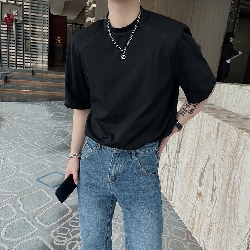 HEARUJOY  -  Summer Short Sleeved T-shirt Men Fashion Round Neck Black White T Shirt Men Korean Loose Shoulder Pad Tshirt Mens Top M-2XL