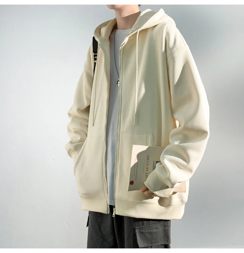 HEARUJOY  -  Spring Autumn Men's Zipper Hoodies Streetwear Casual Jacket Male Solid Color Loose Sweatshirts Simple Hooded Coats
