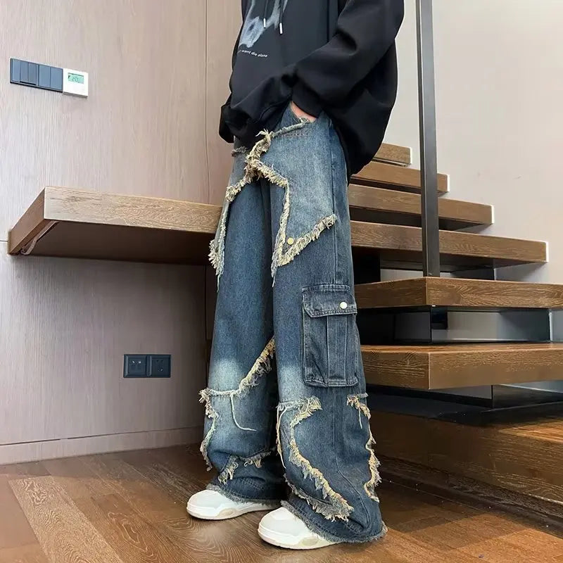 Hearujoy 2024 New Streetwear Big Star Edge Jeans Cargo Pants Loose Plus Size Wide Leg Pants Harajuku Casual Denim Pants Men Clothing Y2K