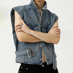Hearujoy High Street Street Korean Style Simple Denim Vest Jacket Men's Tide Brand Lapel Collar Distressed Denim Tooling Vest