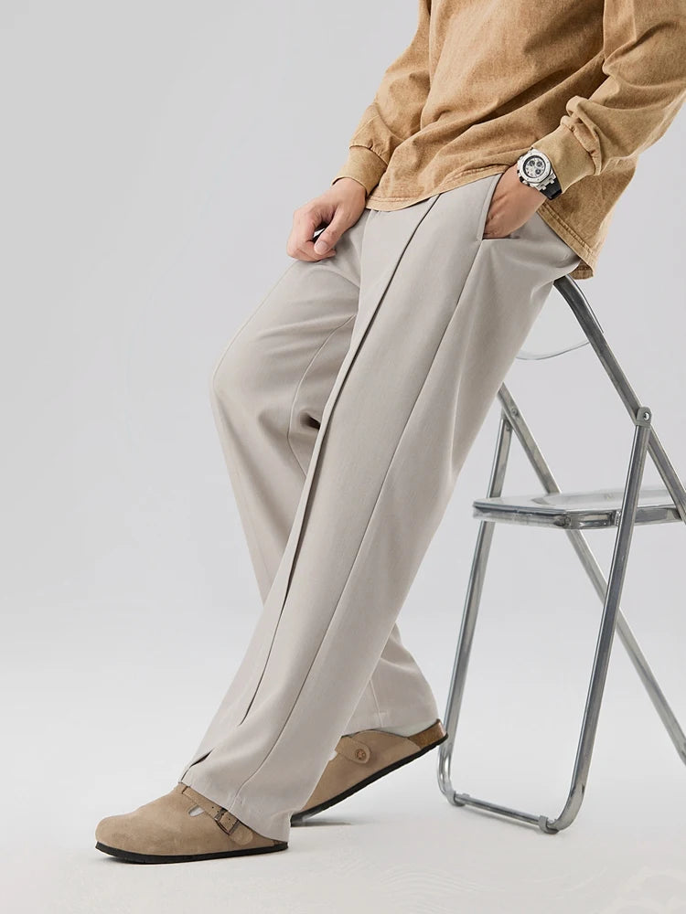 HEARUJOY  -  New Korean Men's Casual Pants Banded Waist Stretch Semi-Wide Pleated Suit Slacks Straight Loose Draped Trousers