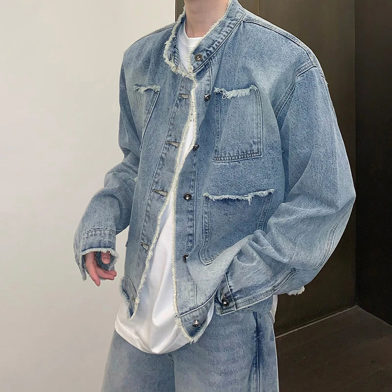 Hearujoy Men's Casual Washed Denim Jacket Streetwear Ripped Stand Collar Texture Korean Harajuku Retro Long Sleeve Luxury Coat 2024 New