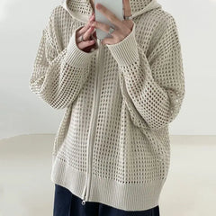 Hearujoy Autumn Niche Hollow Knitted Sweater Men Cardigan Hooded Zipper Long-sleeved Korean Style Trendy Design Sweater Men Cardigan Coat