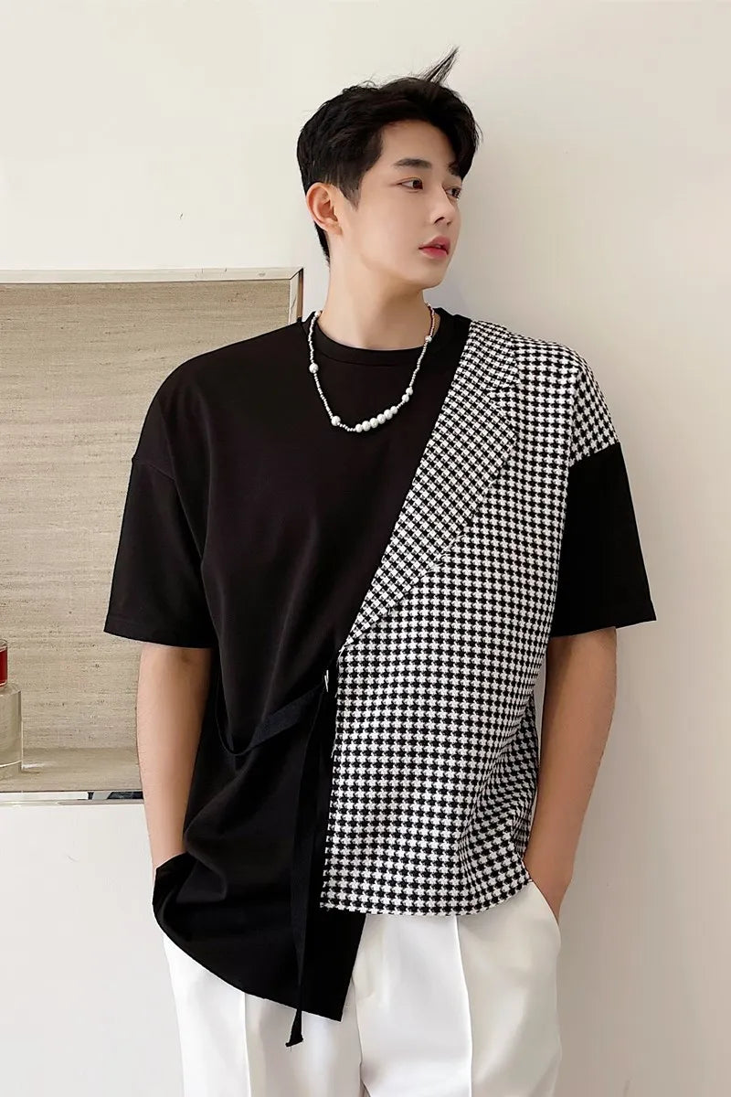 Hearujoy Korean Summer Men's Wear Fake Two Pieces Contrast Color Patchwork Suit Collar Casual T Shirt Sleeve Men's Collar Tee Tops